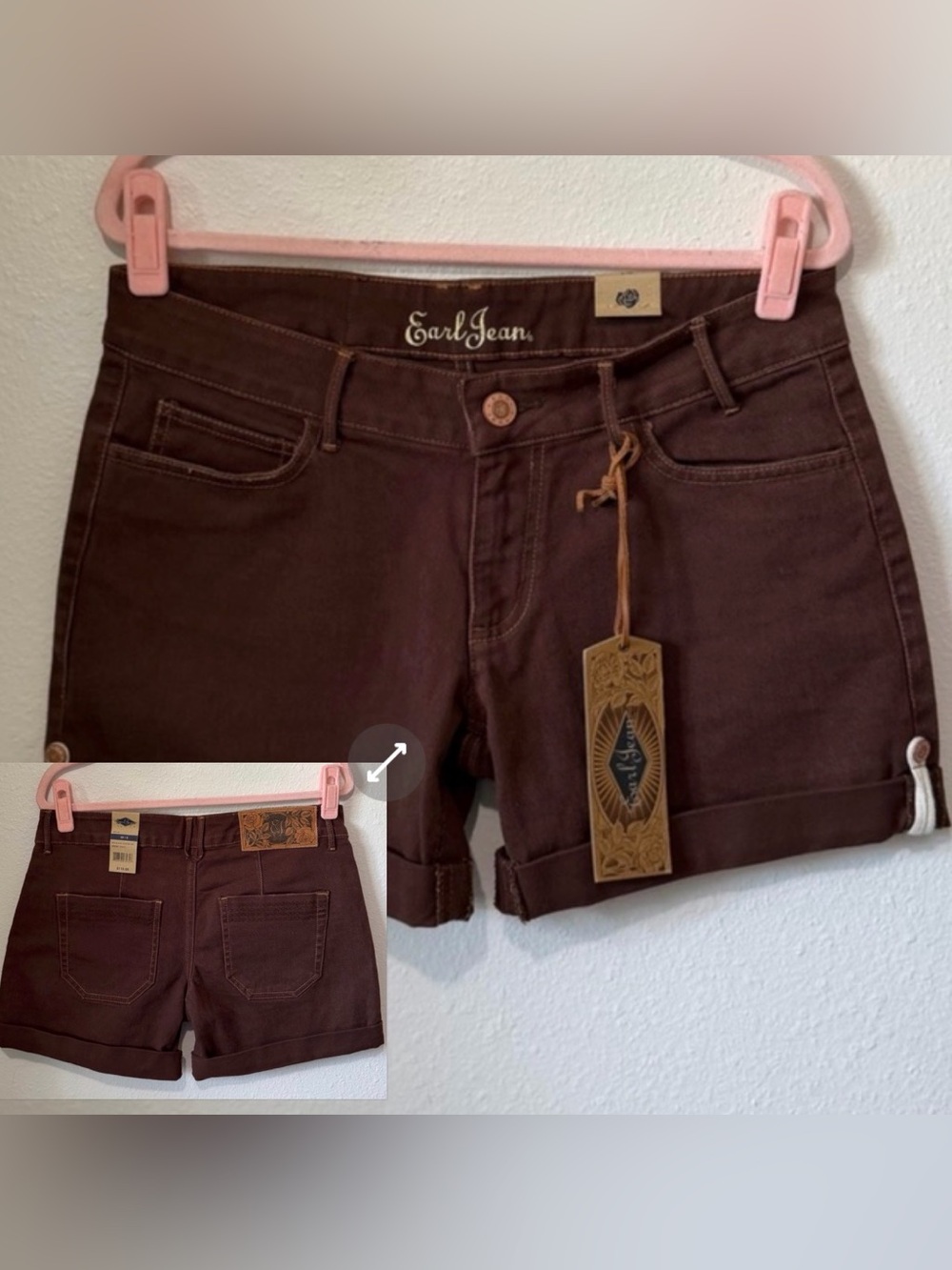 NWT Earl Jean Cuffed Denim Shorts 8 29 Chocolate Brown Tooled Leather Patch